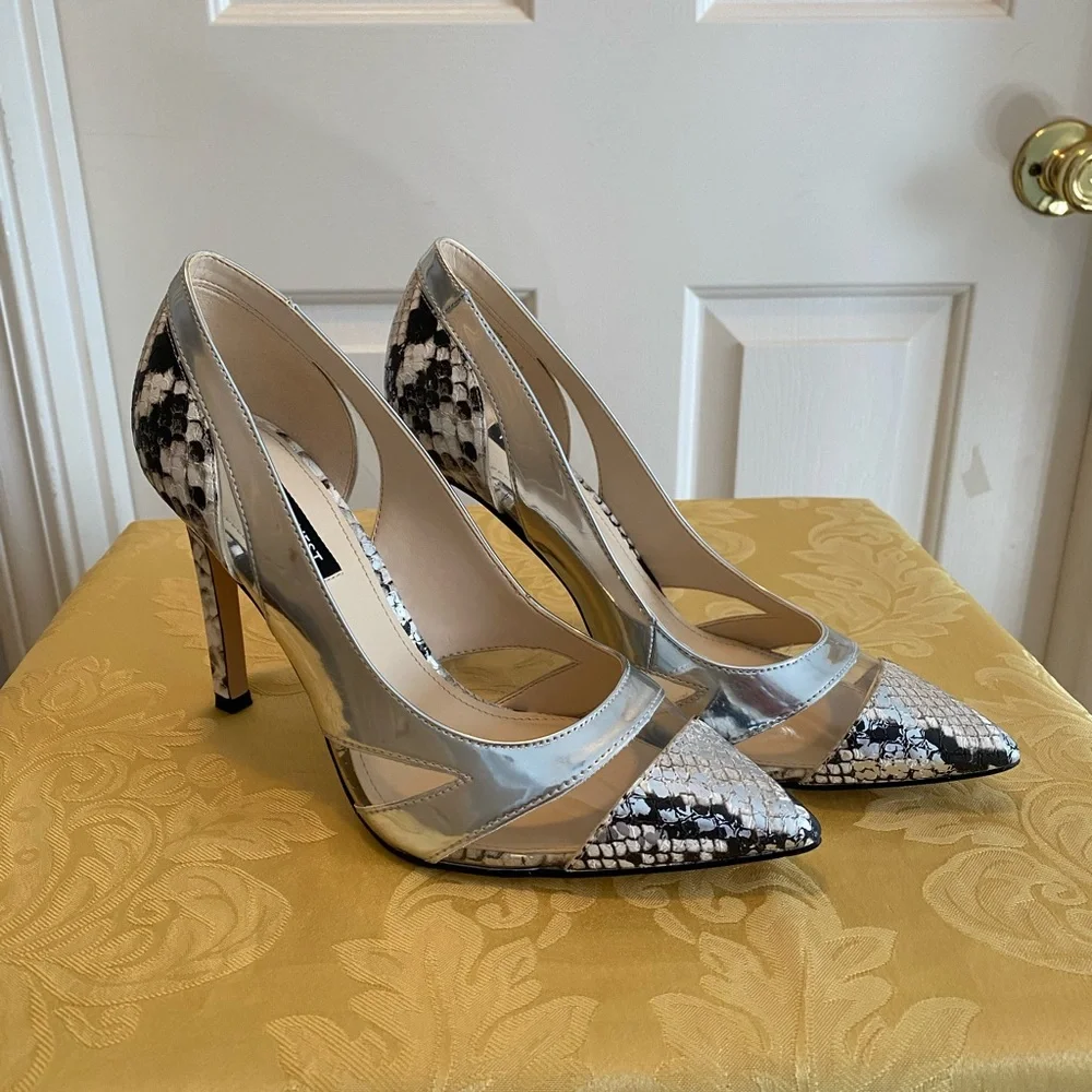 Nine West Silver and Black Snake-Print Pointed Stiletto Pumps